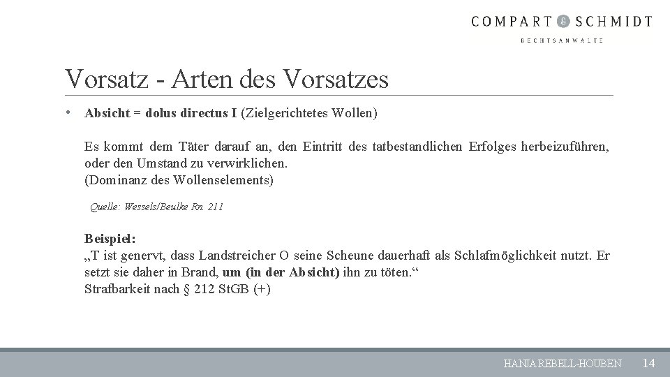 Vorsatz - Arten des Vorsatzes • Absicht = dolus directus I (Zielgerichtetes Wollen) Es