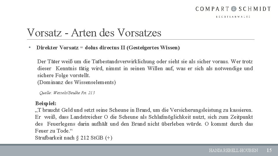 Vorsatz - Arten des Vorsatzes • Direkter Vorsatz = dolus directus II (Gesteigertes Wissen)