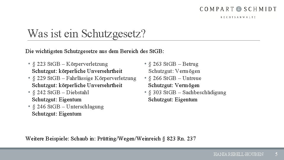 Was ist ein Schutzgesetz? Die wichtigsten Schutzgesetze aus dem Bereich des St. GB: •