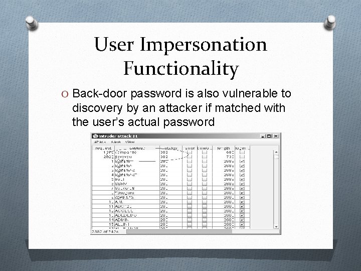 User Impersonation Functionality O Back-door password is also vulnerable to discovery by an attacker