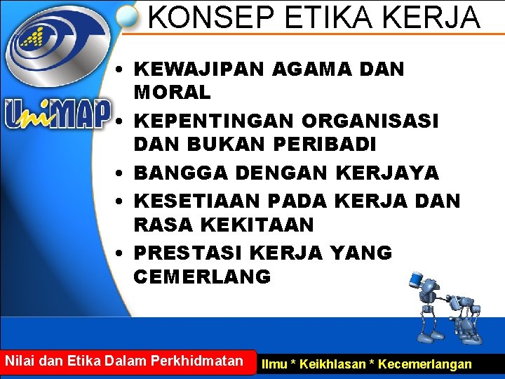 KONSEP ETIKA KERJA • KEWAJIPAN AGAMA DAN MORAL • KEPENTINGAN ORGANISASI DAN BUKAN PERIBADI