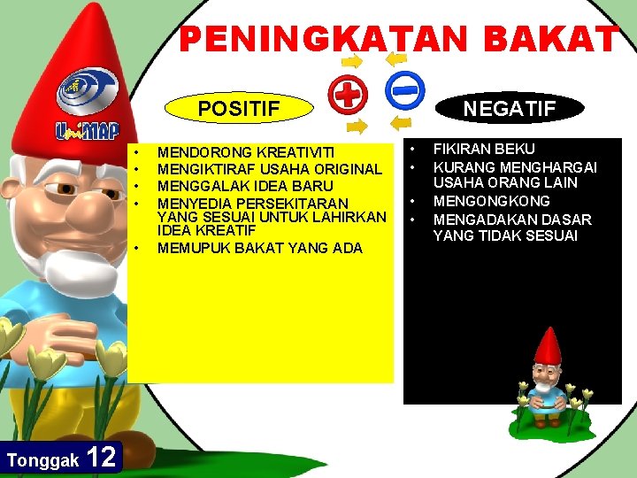 PENINGKATAN BAKAT POSITIF • • • Tonggak 12 MENDORONG KREATIVITI MENGIKTIRAF USAHA ORIGINAL MENGGALAK