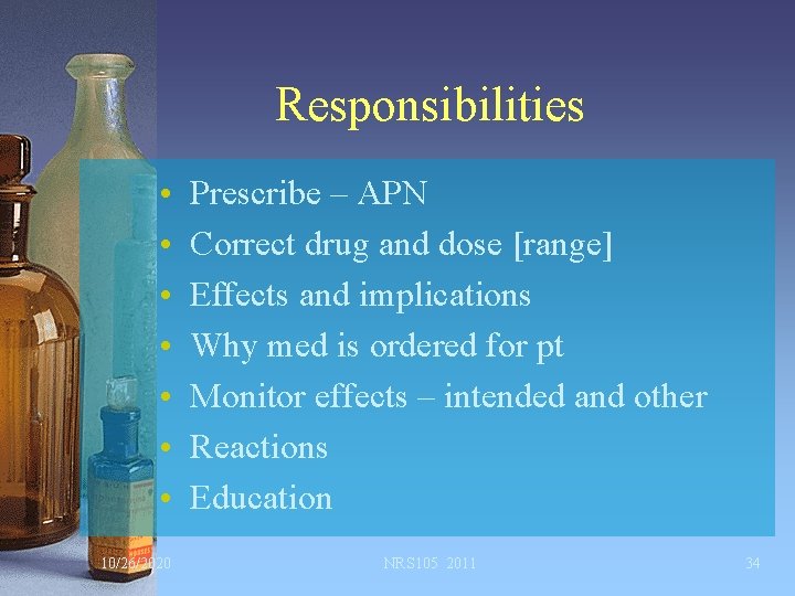Responsibilities • • 10/26/2020 Prescribe – APN Correct drug and dose [range] Effects and