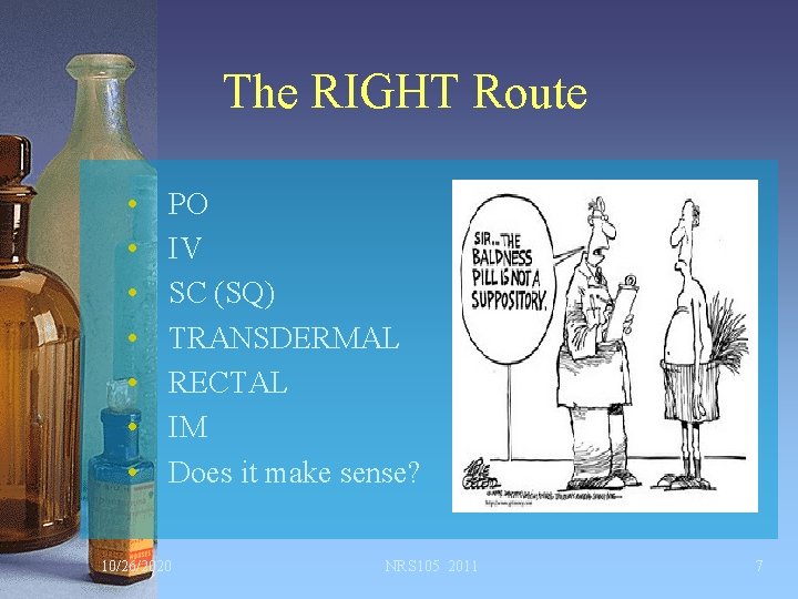 The RIGHT Route • • PO IV SC (SQ) TRANSDERMAL RECTAL IM Does it