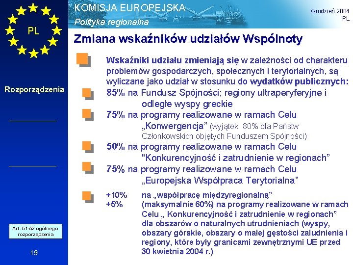 KOMISJA EUROPEJSKA PL Rozporządzenia Polityka regionalna Grudzień 2004 PL Zmiana wskaźników udziałów Wspólnoty Wskaźniki