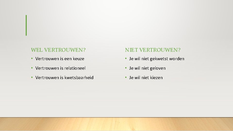 WEL VERTROUWEN? NIET VERTROUWEN? • Vertrouwen is een keuze • Je wil niet gekwetst