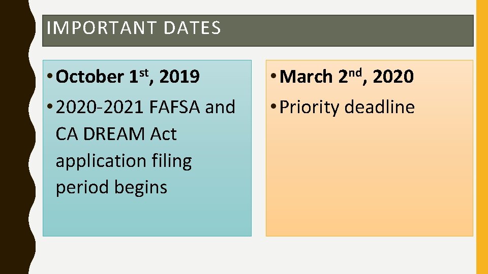 IMPORTANT DATES • October 1 st, 2019 • 2020 -2021 FAFSA and CA DREAM
