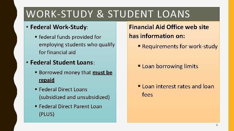 WORK-STUDY & STUDENT LOANS • Federal Work-Study: § federal funds provided for employing students