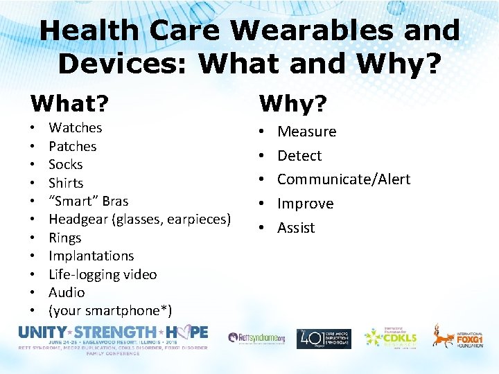 Health Care Wearables and Devices: What and Why? What? • • • Watches Patches