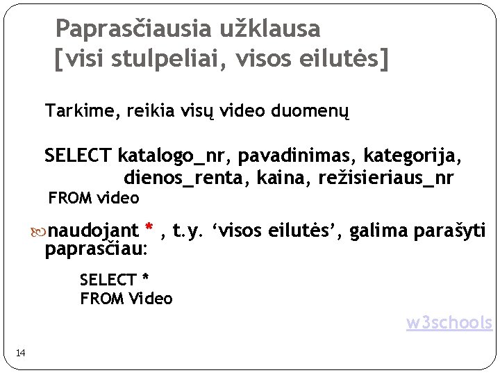 Paprasčiausia užklausa [visi stulpeliai, visos eilutės] Tarkime, reikia visų video duomenų SELECT katalogo_nr, pavadinimas,