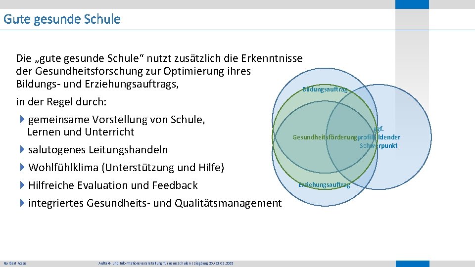 Gute gesunde Schule Die „gute gesunde Schule“ nutzt zusätzlich die Erkenntnisse der Gesundheitsforschung zur