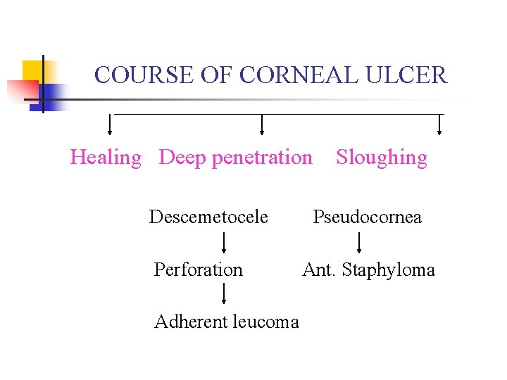 COURSE OF CORNEAL ULCER Healing Deep penetration Descemetocele Perforation Adherent leucoma Sloughing Pseudocornea Ant.