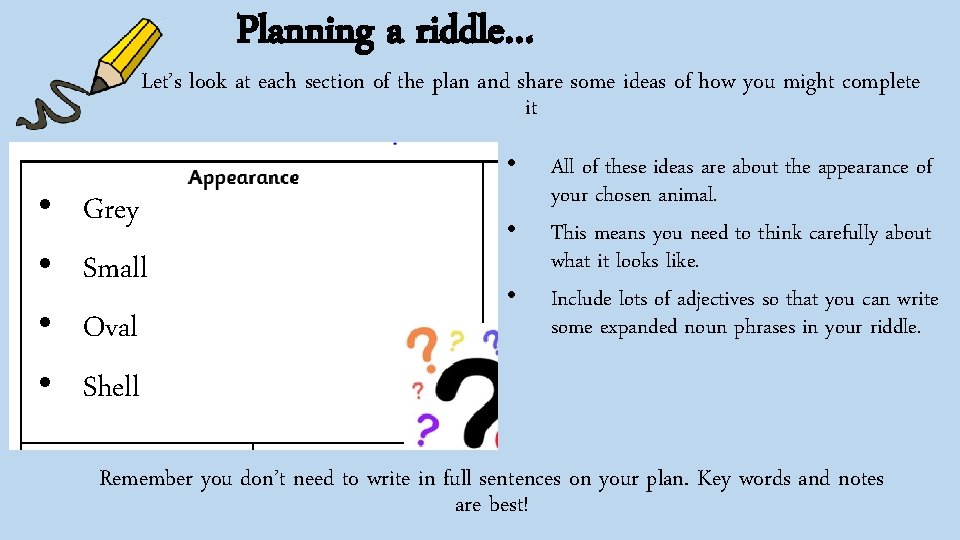 Planning a riddle… Let’s look at each section of the plan and share some