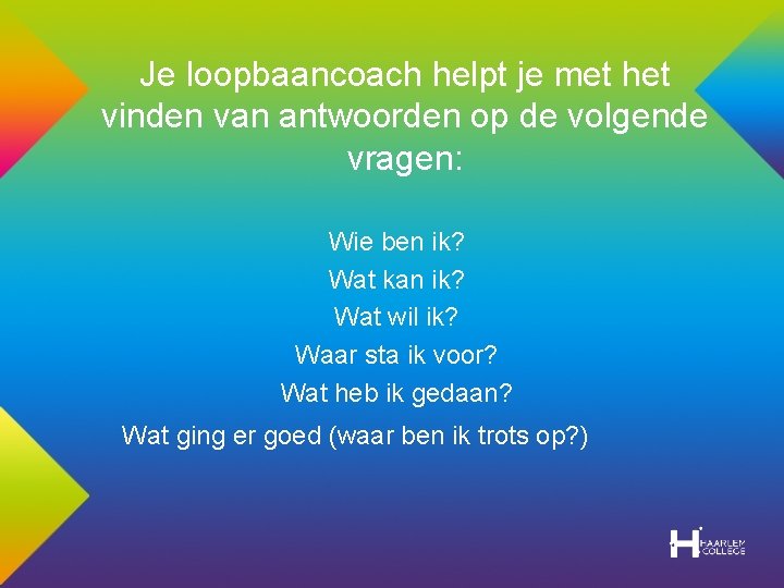 Je loopbaancoach helpt je met het vinden van antwoorden op de volgende vragen: Wie