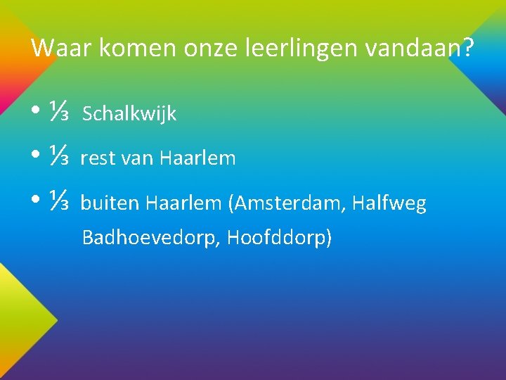 Waar komen onze leerlingen vandaan? • ⅓ • ⅓ Schalkwijk rest van Haarlem buiten