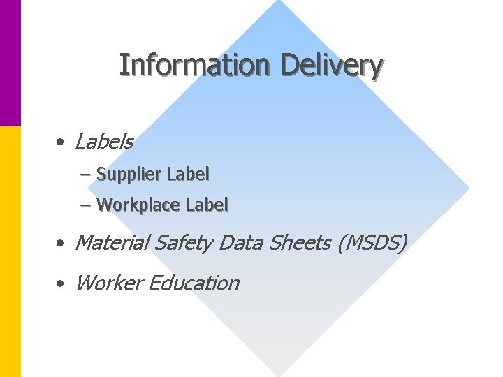 Information Delivery • Labels – Supplier Label – Workplace Label • Material Safety Data