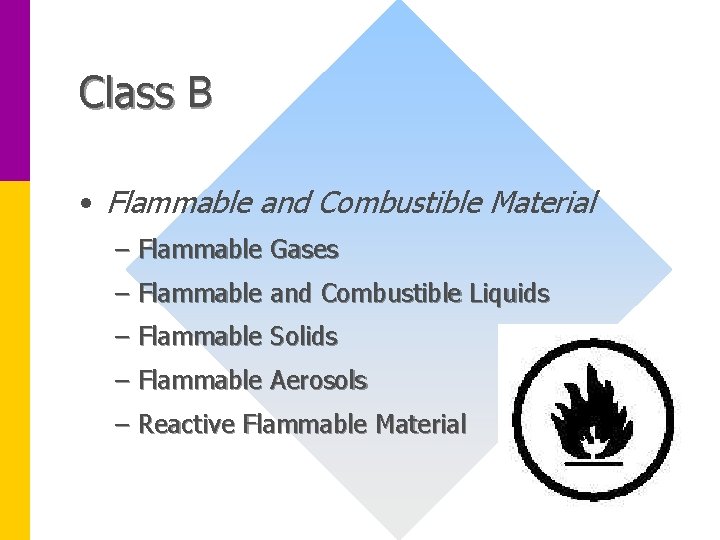 Class B • Flammable and Combustible Material – Flammable Gases – Flammable and Combustible