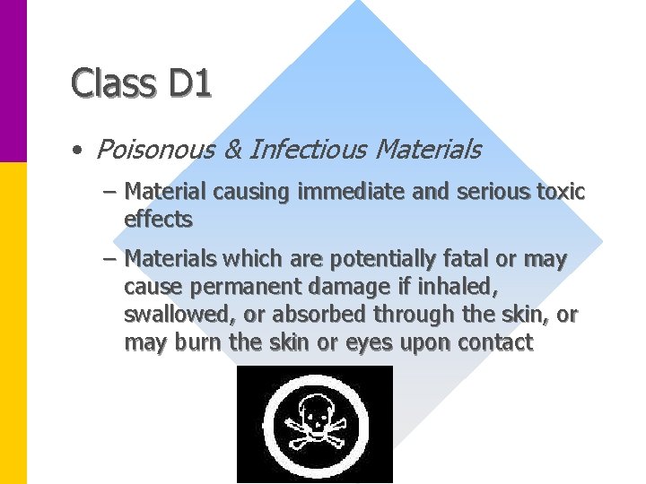 Class D 1 • Poisonous & Infectious Materials – Material causing immediate and serious