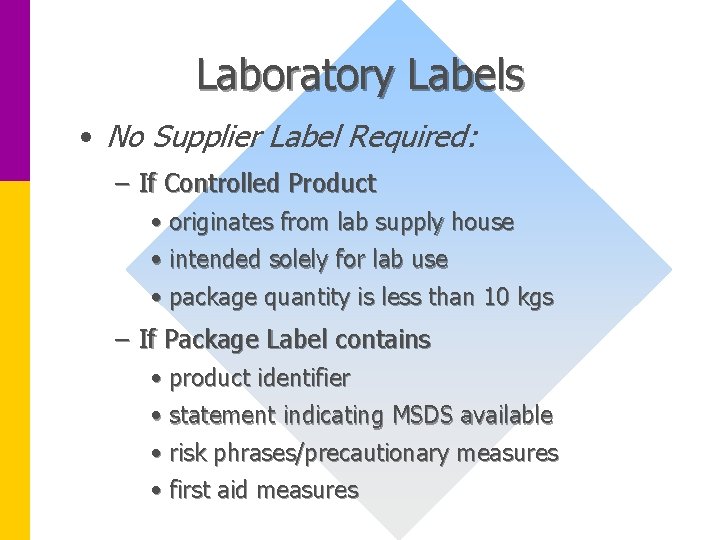 Laboratory Labels • No Supplier Label Required: – If Controlled Product • originates from