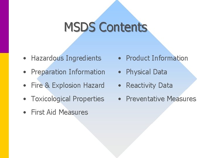 MSDS Contents • Hazardous Ingredients • Product Information • Preparation Information • Physical Data