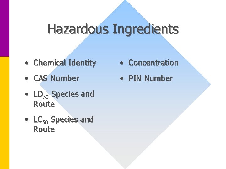 Hazardous Ingredients • Chemical Identity • Concentration • CAS Number • PIN Number •