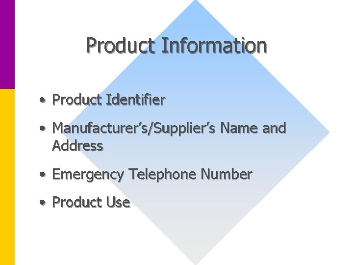 Product Information • Product Identifier • Manufacturer’s/Supplier’s Name and Address • Emergency Telephone Number