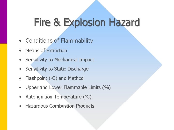 Fire & Explosion Hazard • Conditions of Flammability • Means of Extinction • Sensitivity