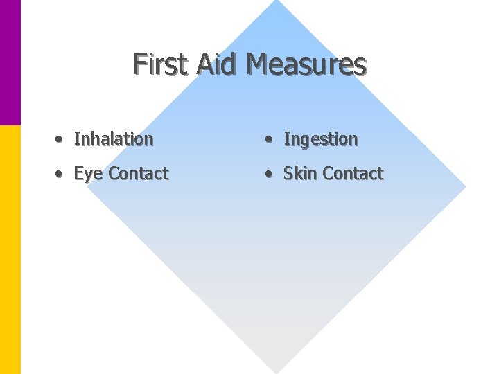 First Aid Measures • Inhalation • Ingestion • Eye Contact • Skin Contact 