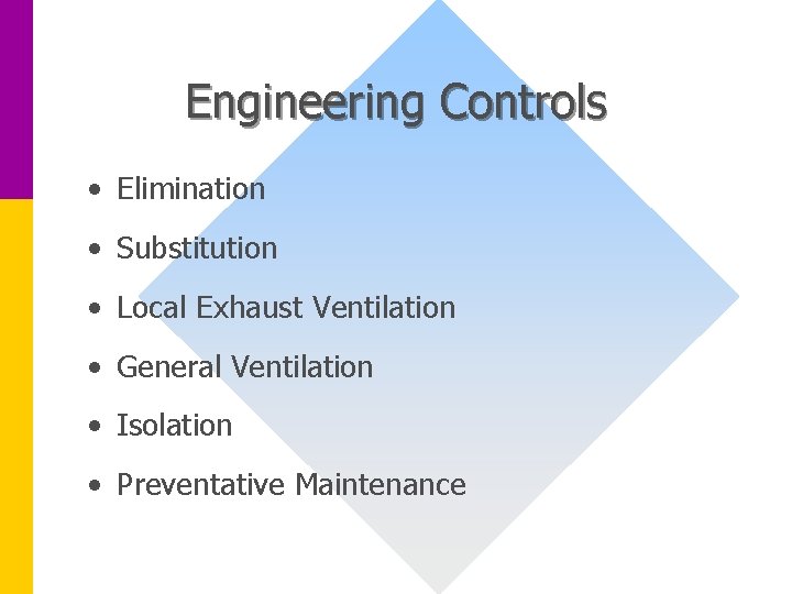 Engineering Controls • Elimination • Substitution • Local Exhaust Ventilation • General Ventilation •