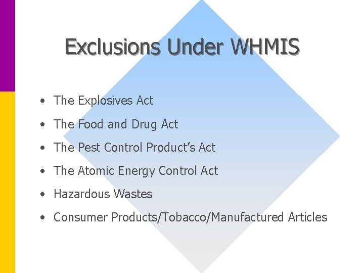 Exclusions Under WHMIS • The Explosives Act • The Food and Drug Act •