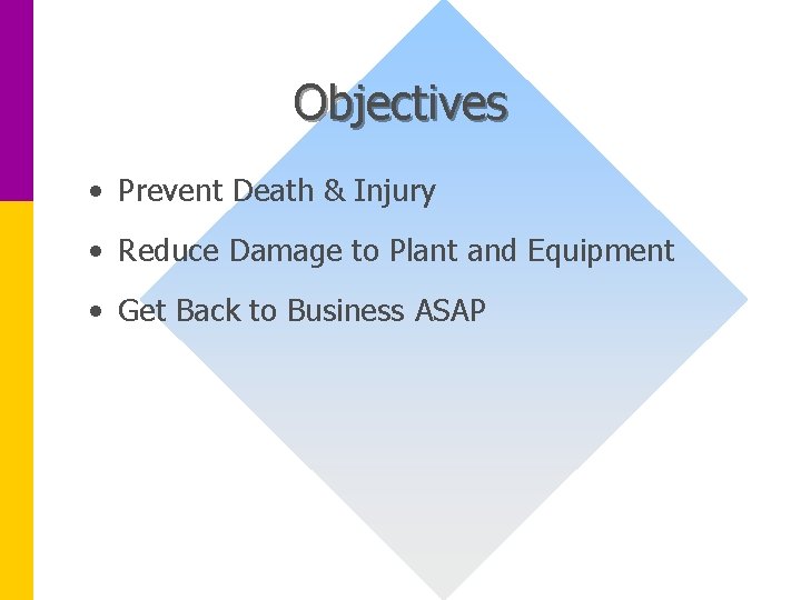 Objectives • Prevent Death & Injury • Reduce Damage to Plant and Equipment •