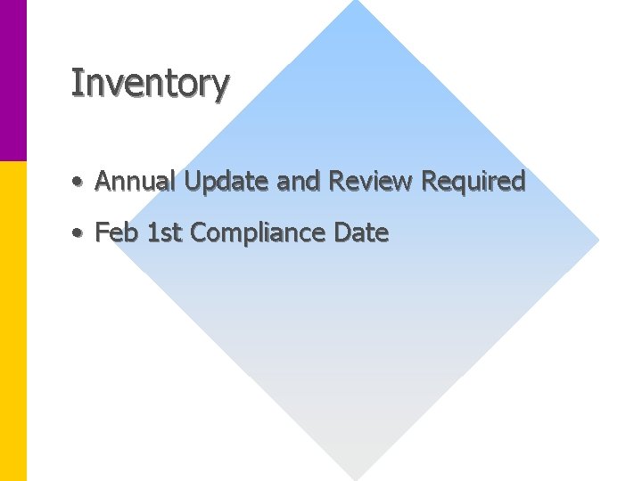 Inventory • Annual Update and Review Required • Feb 1 st Compliance Date 