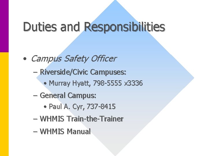 Duties and Responsibilities • Campus Safety Officer – Riverside/Civic Campuses: • Murray Hyatt, 798