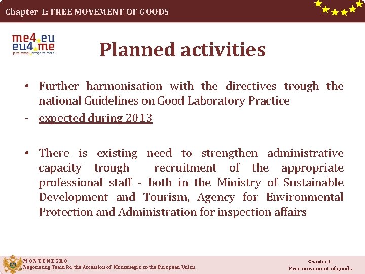 Chapter 1: FREE MOVEMENT OF GOODS Planned activities • Further harmonisation with the directives