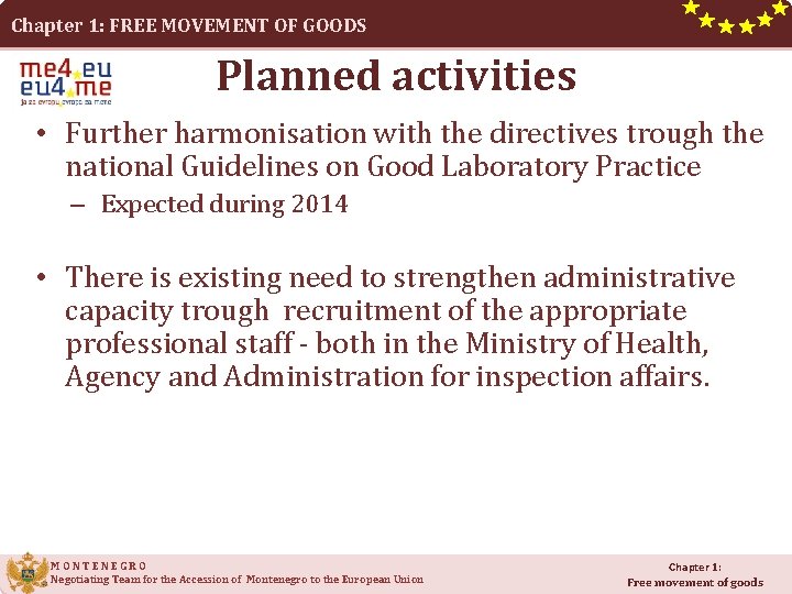 Chapter 1: FREE MOVEMENT OF GOODS Planned activities • Further harmonisation with the directives Chapter 1: FREE MOVEMENT OF GOODS Planned activities • Further harmonisation with the directives