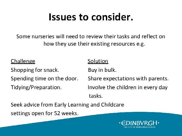 Issues to consider. Some nurseries will need to review their tasks and reflect on