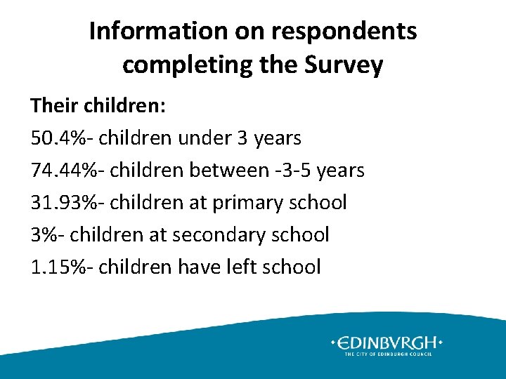  Information on respondents completing the Survey Their children: 50. 4%- children under 3