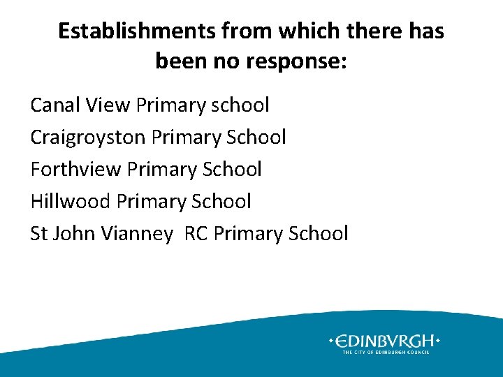 Establishments from which there has been no response: Canal View Primary school Craigroyston Primary
