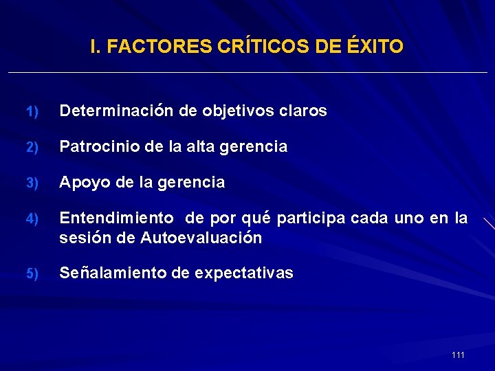 I. FACTORES CRÍTICOS DE ÉXITO 1) Determinación de objetivos claros 2) Patrocinio de la