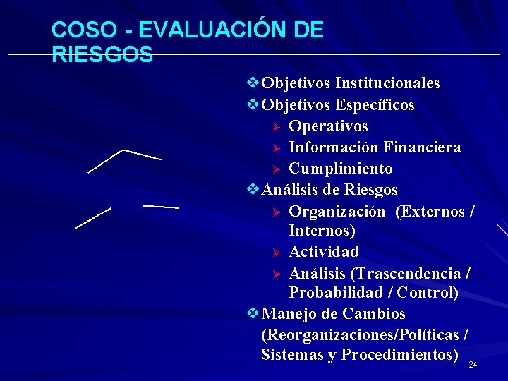 COSO - EVALUACIÓN DE RIESGOS v. Objetivos Institucionales v. Objetivos Específicos Ø Operativos Ø