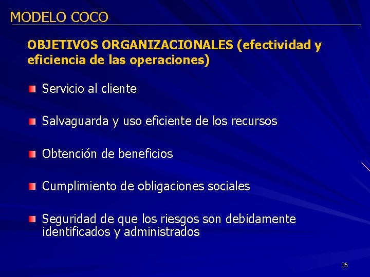 MODELO COCO OBJETIVOS ORGANIZACIONALES (efectividad y eficiencia de las operaciones) Servicio al cliente Salvaguarda