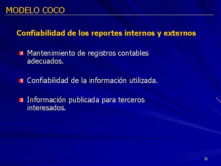 MODELO COCO Confiabilidad de los reportes internos y externos Mantenimiento de registros contables adecuados.
