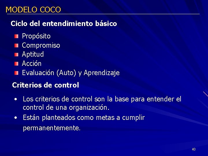 MODELO COCO Ciclo del entendimiento básico Propósito Compromiso Aptitud Acción Evaluación (Auto) y Aprendizaje