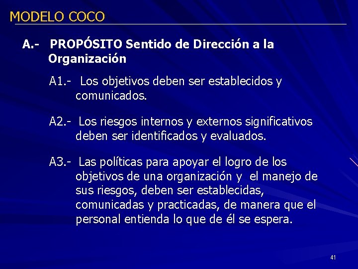 MODELO COCO A. - PROPÓSITO Sentido de Dirección a la Organización A 1. -