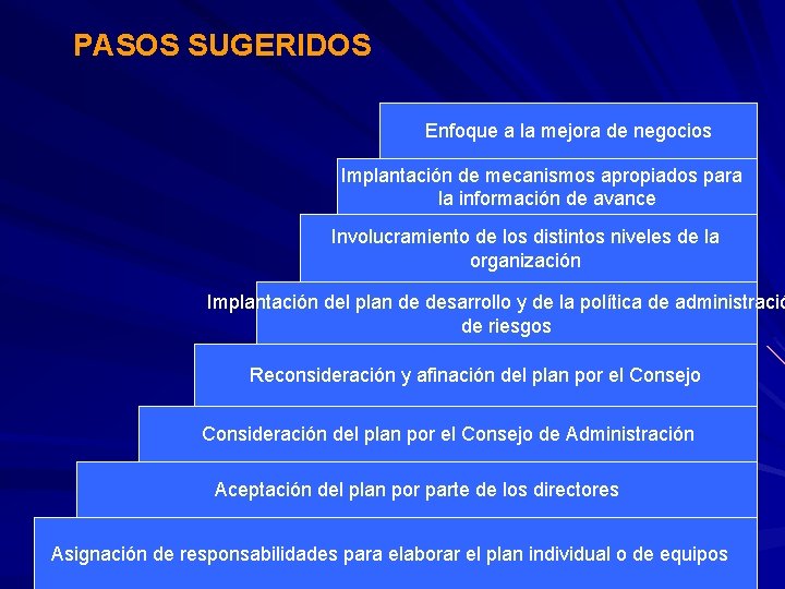 PASOS SUGERIDOS Enfoque a la mejora de negocios Implantación de mecanismos apropiados para la