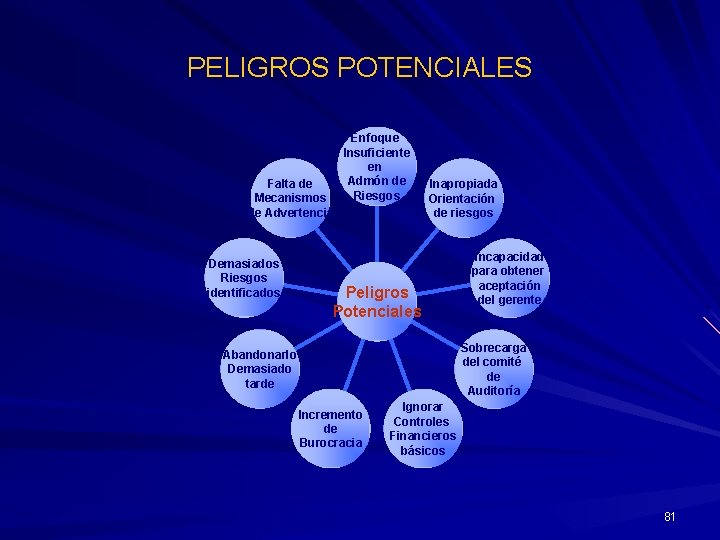 PELIGROS POTENCIALES Falta de Mecanismos de Advertencia Demasiados Riesgos identificados Enfoque Insuficiente en Admón