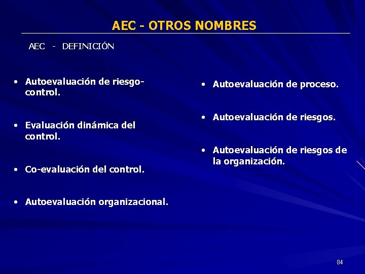 AEC - OTROS NOMBRES AEC - DEFINICIÓN • Autoevaluación de riesgocontrol. • Evaluación dinámica