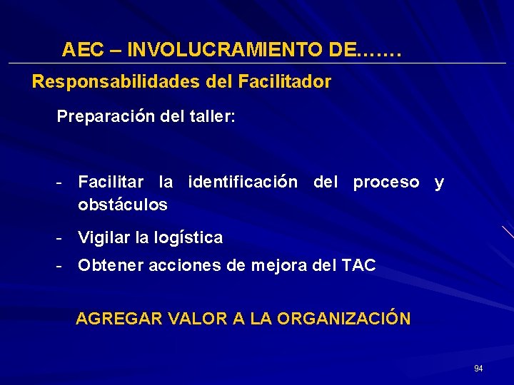 AEC – INVOLUCRAMIENTO DE……. Responsabilidades del Facilitador Preparación del taller: - Facilitar la identificación