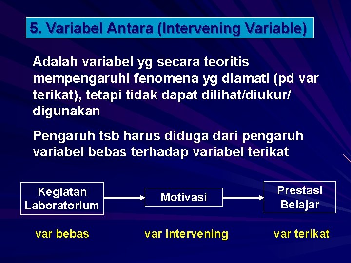 5. Variabel Antara (Intervening Variable) Adalah variabel yg secara teoritis mempengaruhi fenomena yg diamati