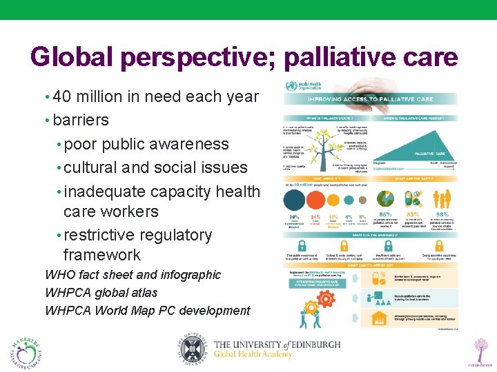 Global perspective; palliative care • 40 million in need each year • barriers •